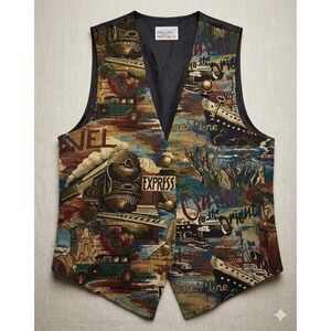 Denim Republic Vintage Tapestry Vest Large Travel Train Ship Steamship 65720T